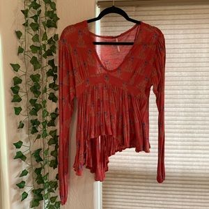 Free People Burnt Orange Babydoll Long Sleeve Top